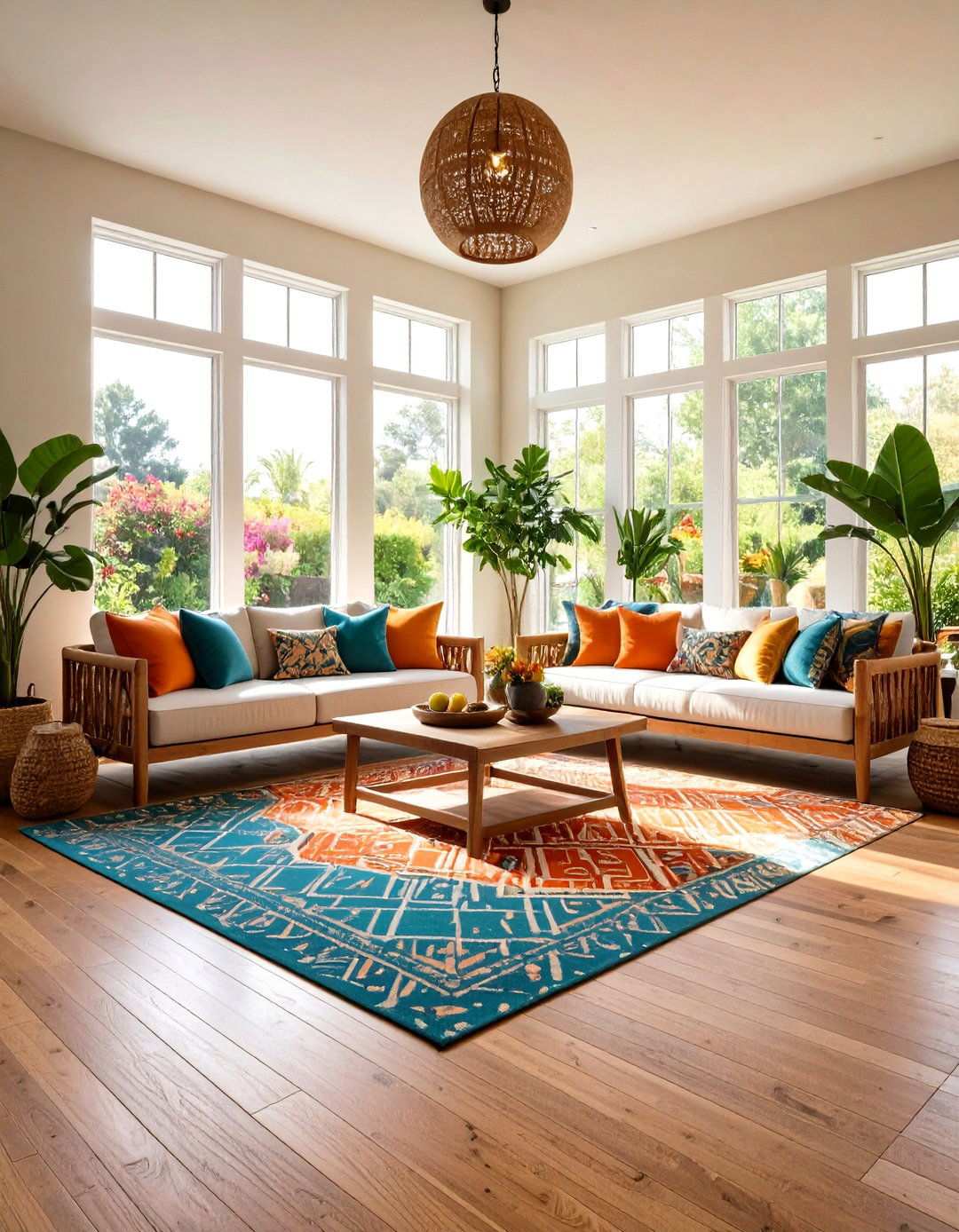 Cork Flooring Sunroom with Area Rugs - 24 Mid-century Modern Sunroom Ideas
