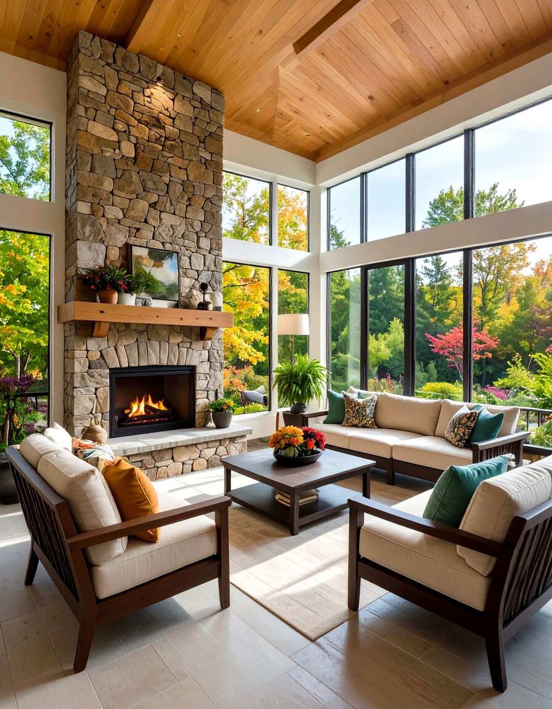 Corner Fireplace Layout - 24 Sunroom With Fireplace Ideas