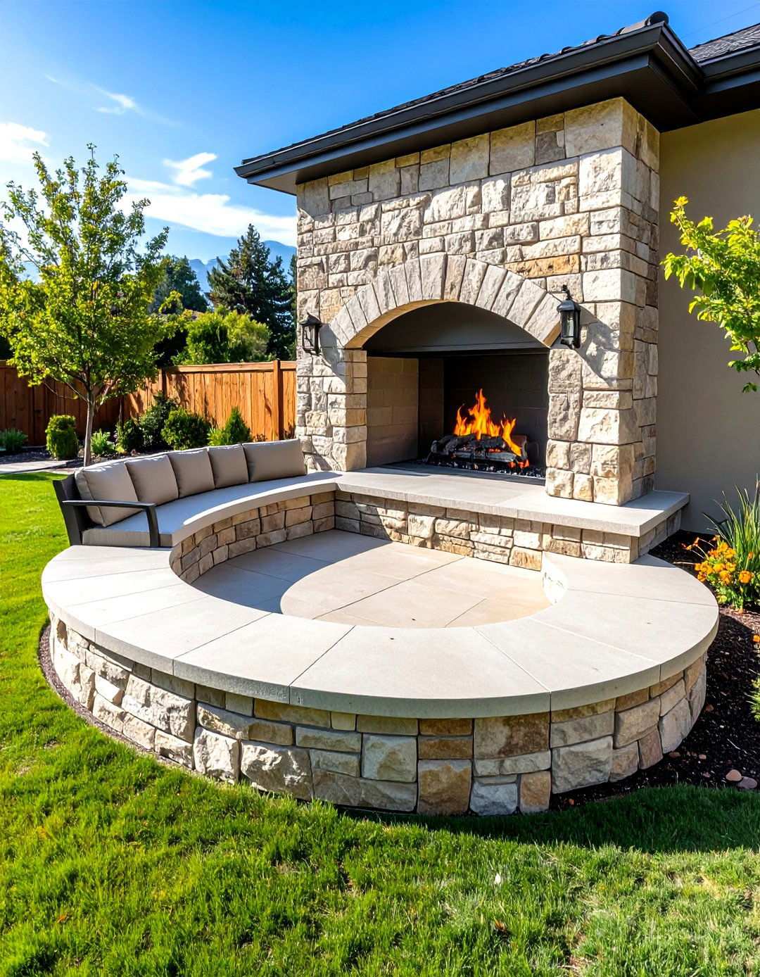 Corner Outdoor Fireplace with Curved Stone Bench - 24 Rustic Outdoor Fireplace Ideas