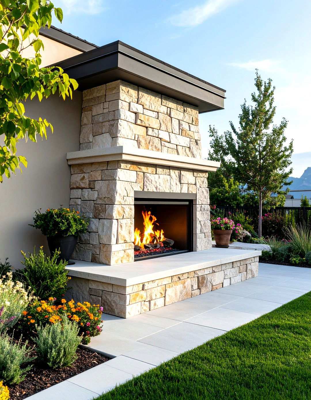 Corner Stone Fireplace Maximize Space - 24 Outdoor Fireplace Ideas