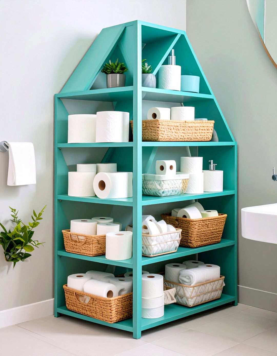 Corner Triangle Shelf System with Basket Integration - 24 Toilet Paper Storage Ideas