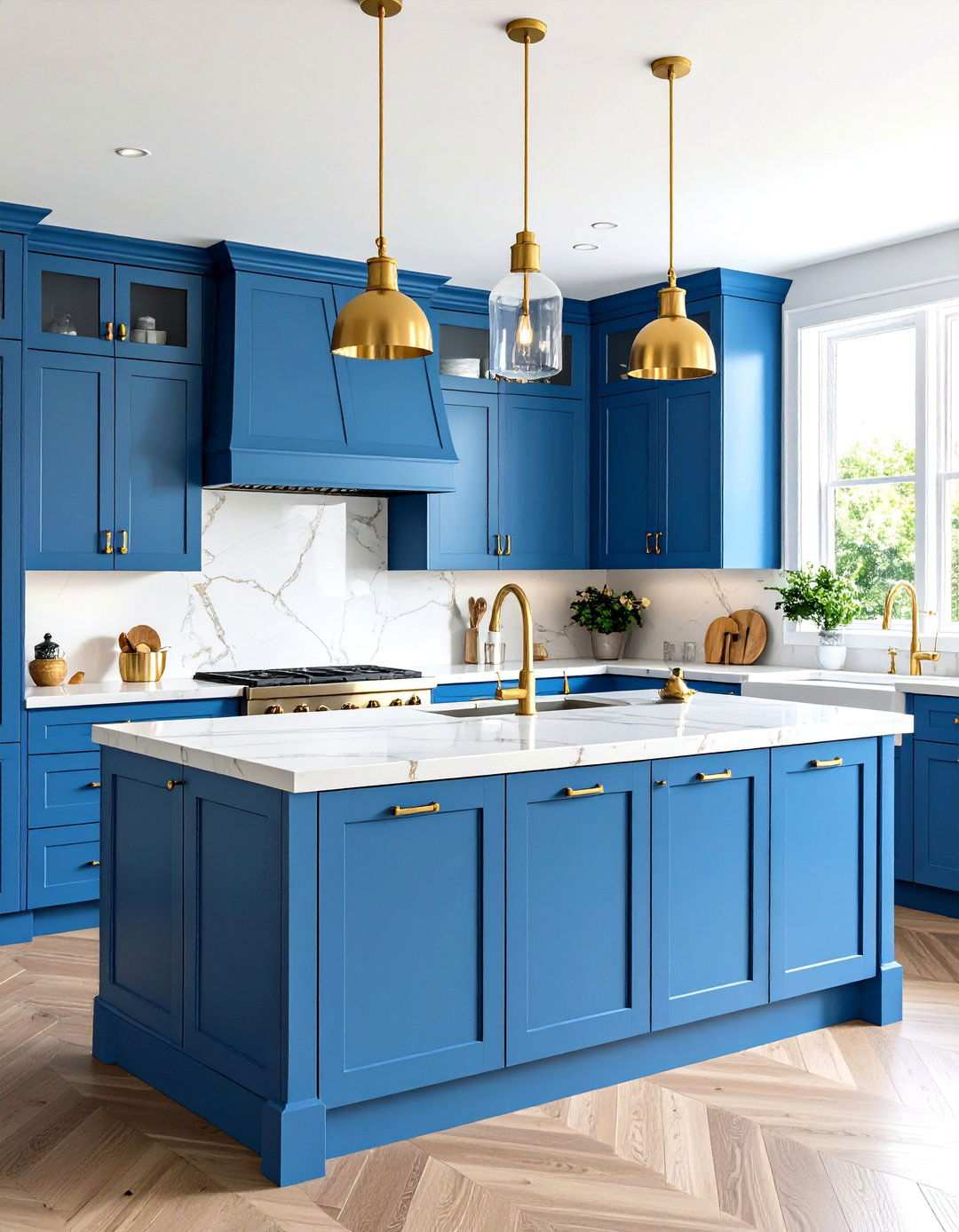 Cornflower Blue Cabinets with Gold Hardware and Quartz - 24 Light Blue Kitchen Cabinets Ideas