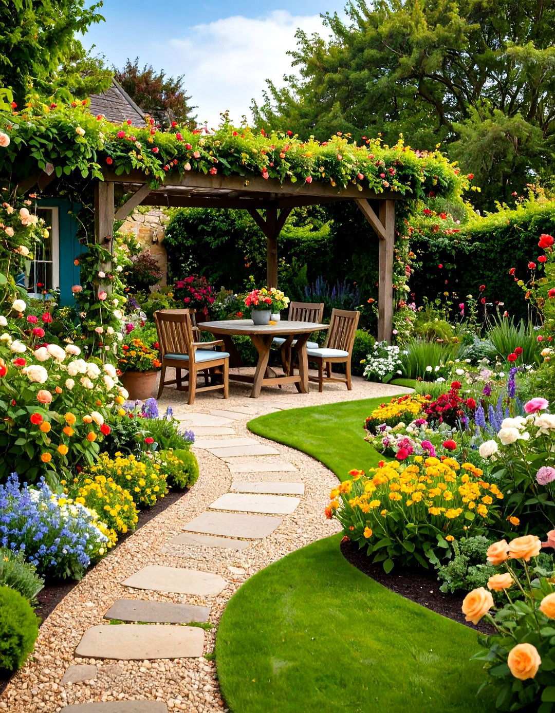 Cottage Garden Outdoor Space with Climbing Plants and Pathways - 24 Outdoor Living Space Ideas