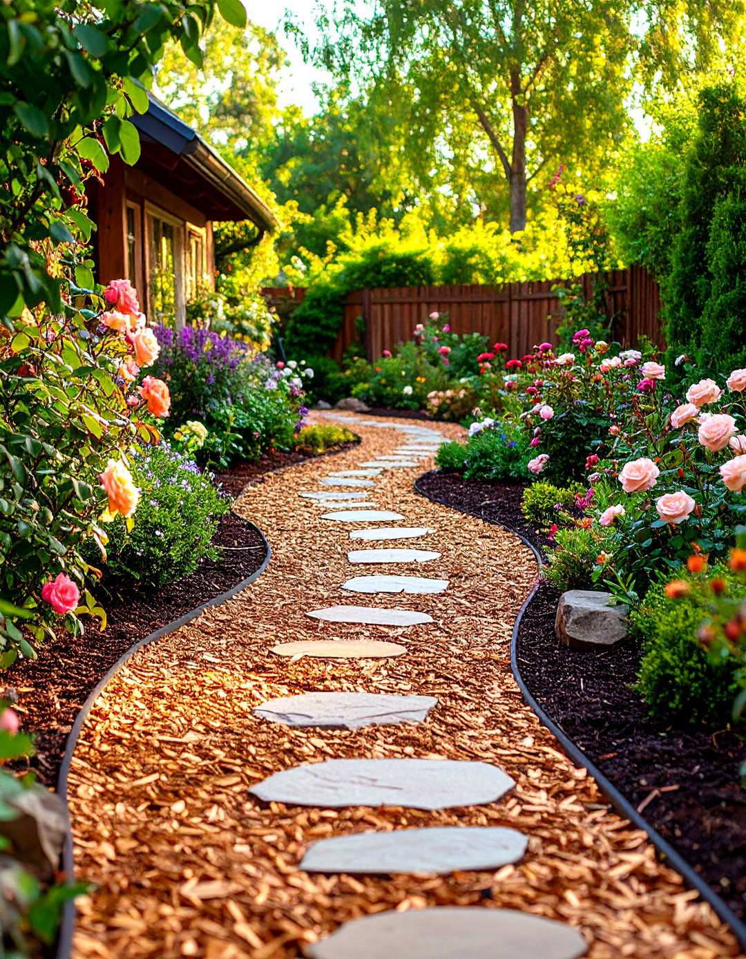 Cottage Garden Pathway with Pine Bark - 24 mulch patio ideas