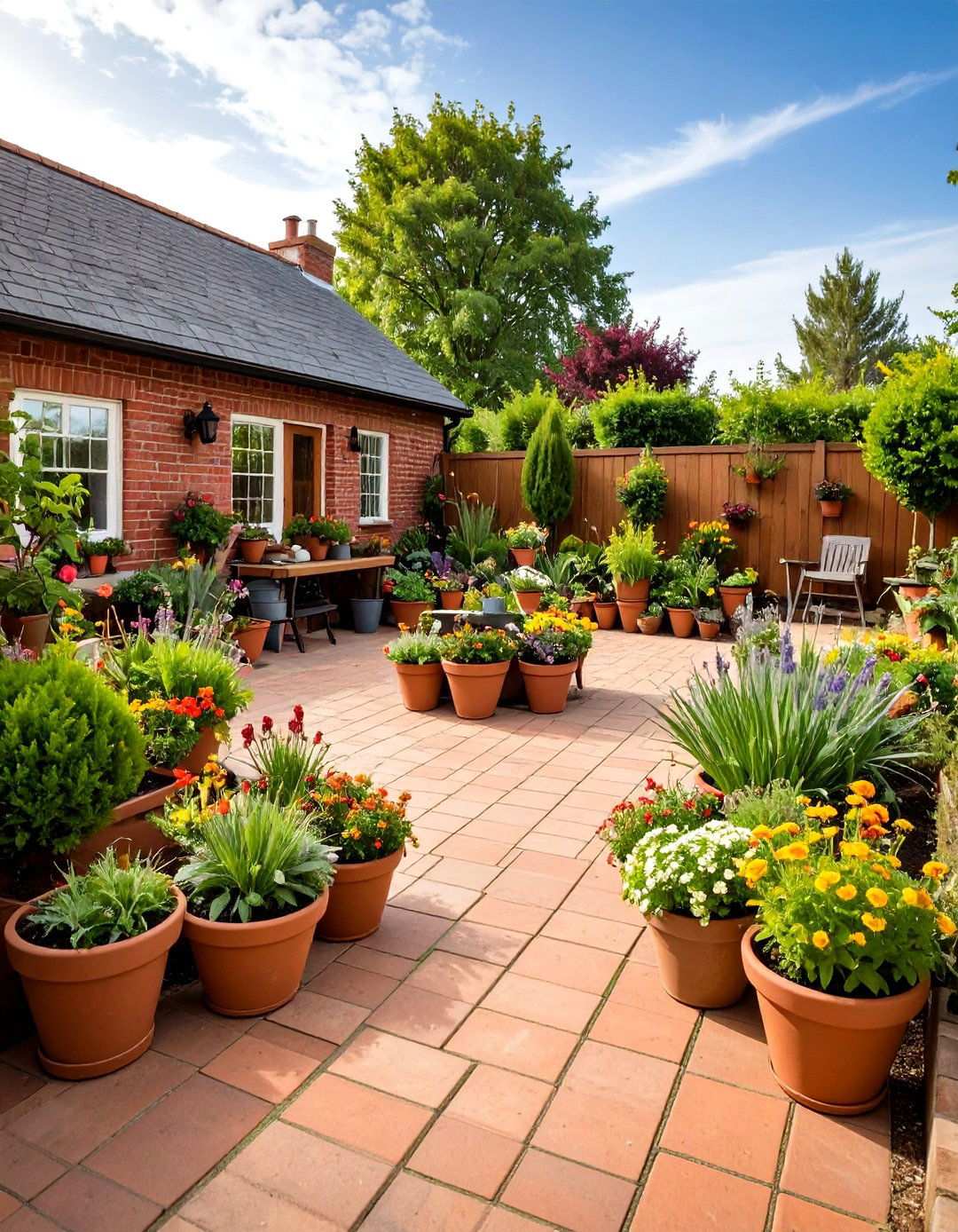 Cottage Style Red Brick Potting Garden - 24 Red Paver Patio Ideas