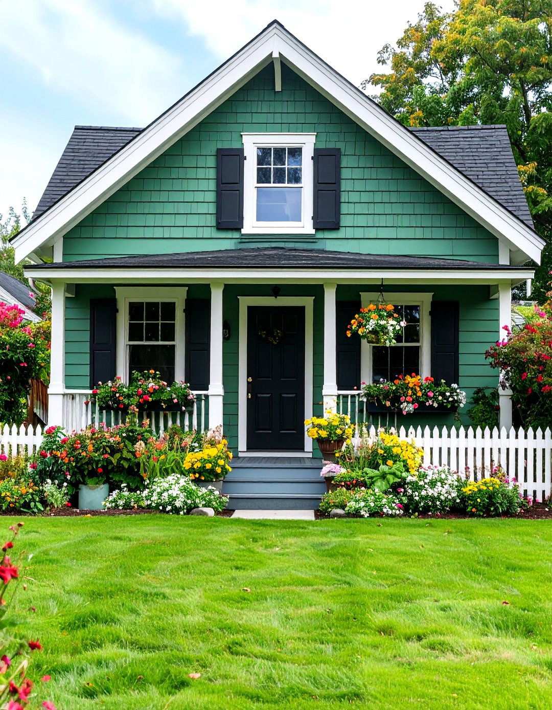 Cottage Style Sage Green With Black Front Door - 24 Sage Green House With Black Trim Ideas