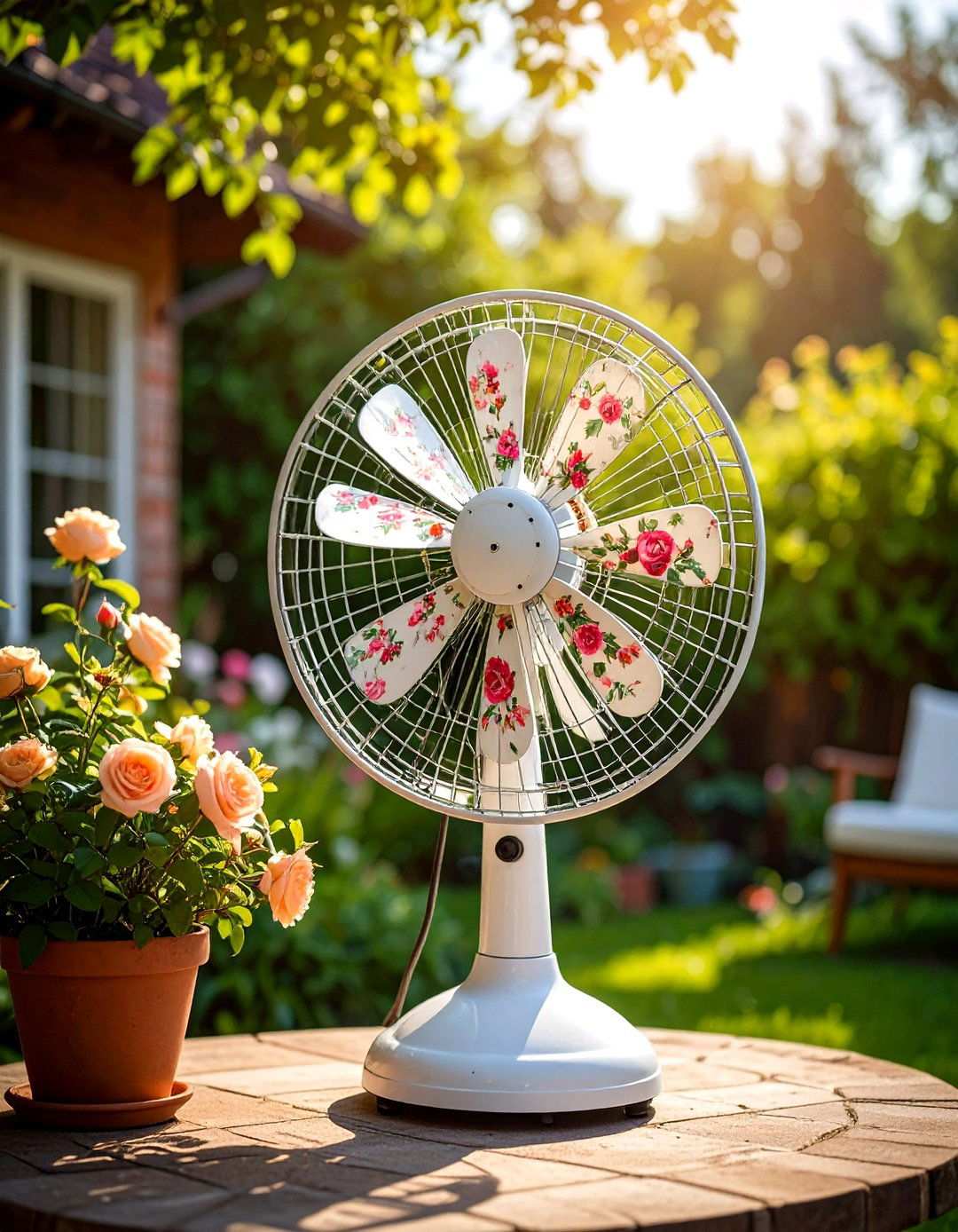 Country Cottage Patio Fan with Floral Painted Blades - 24 Patio Fan Ideas
