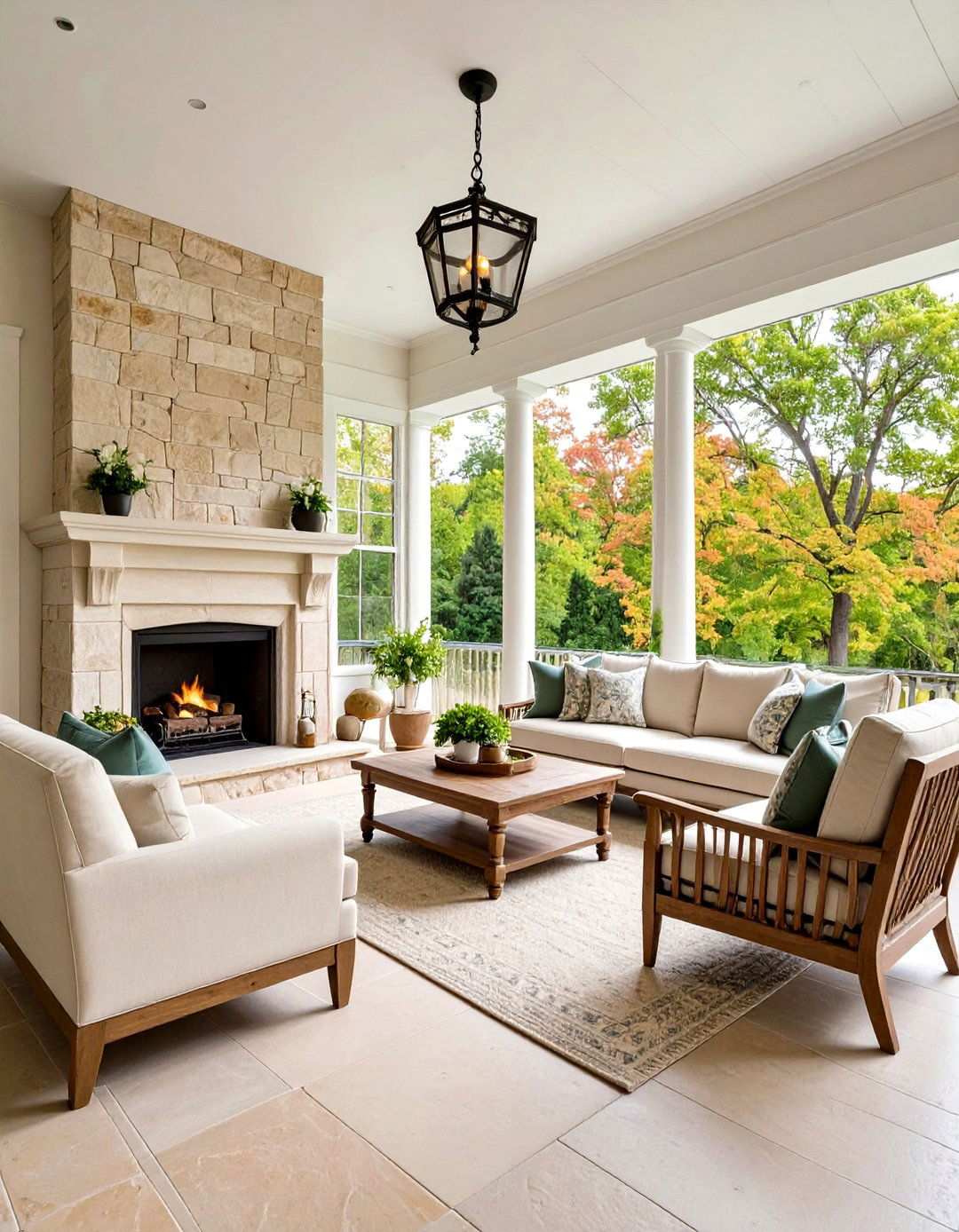 Country French Limestone Fireplace - 24 Screened-in Porch With Fireplace Ideas