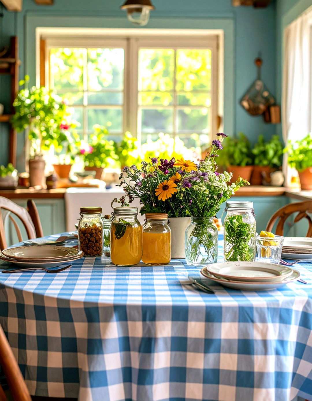 Country Kitchen Style with Checkered Patterns and Herbs - 24 Round Table Decor Ideas