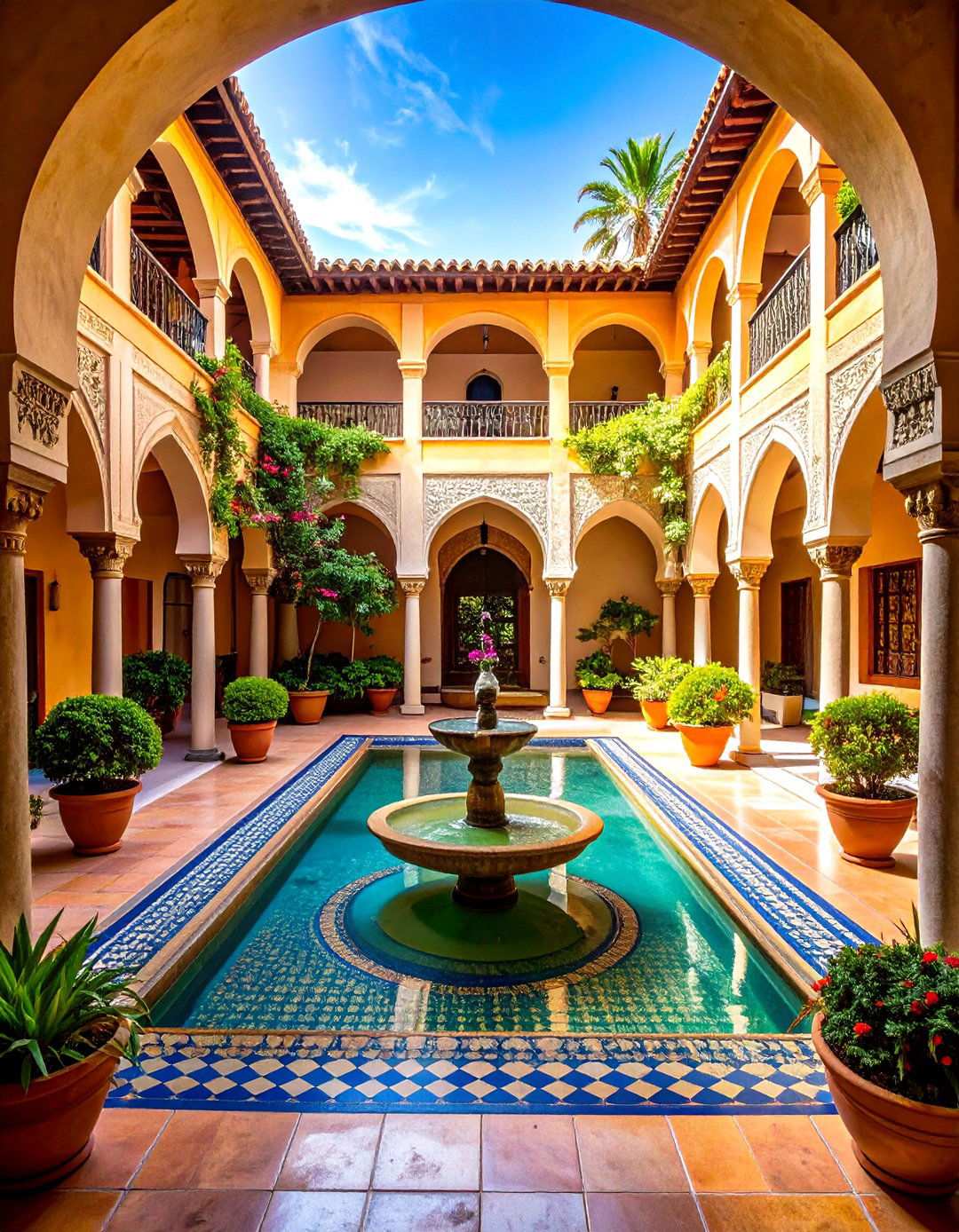 Courtyard Centered Design with Fountain Feature - 24 Mediterranean House Exterior Ideas