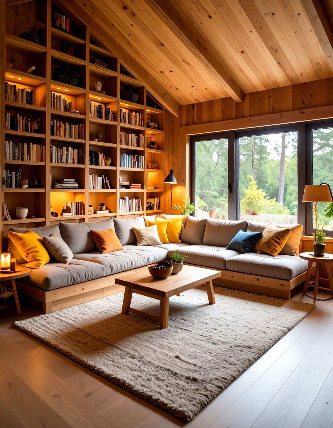 Cozy Reading Nook with Built in Bookshelves - 24 One Room Cabin Interior Design Ideas