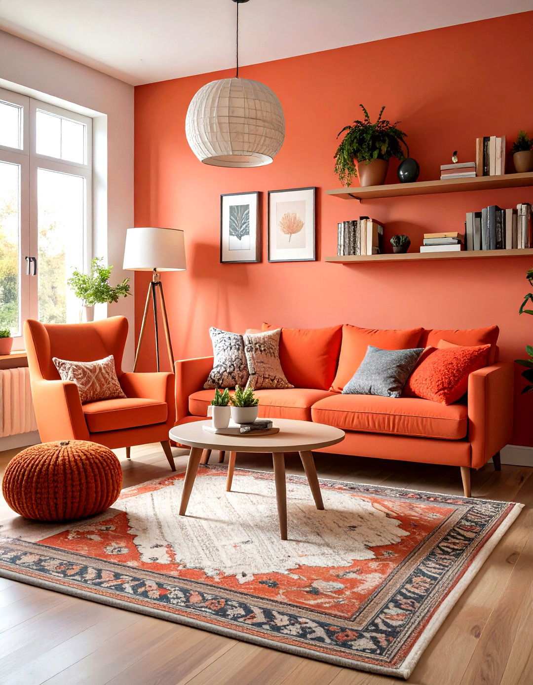 Cozy Reading Nook with Coral Accent Wall - 24 Orange Accent Wall Ideas