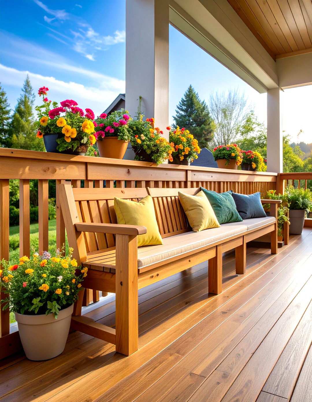 Craftsman Style Built in Bench Railing - 24 Wood Deck Railing Ideas