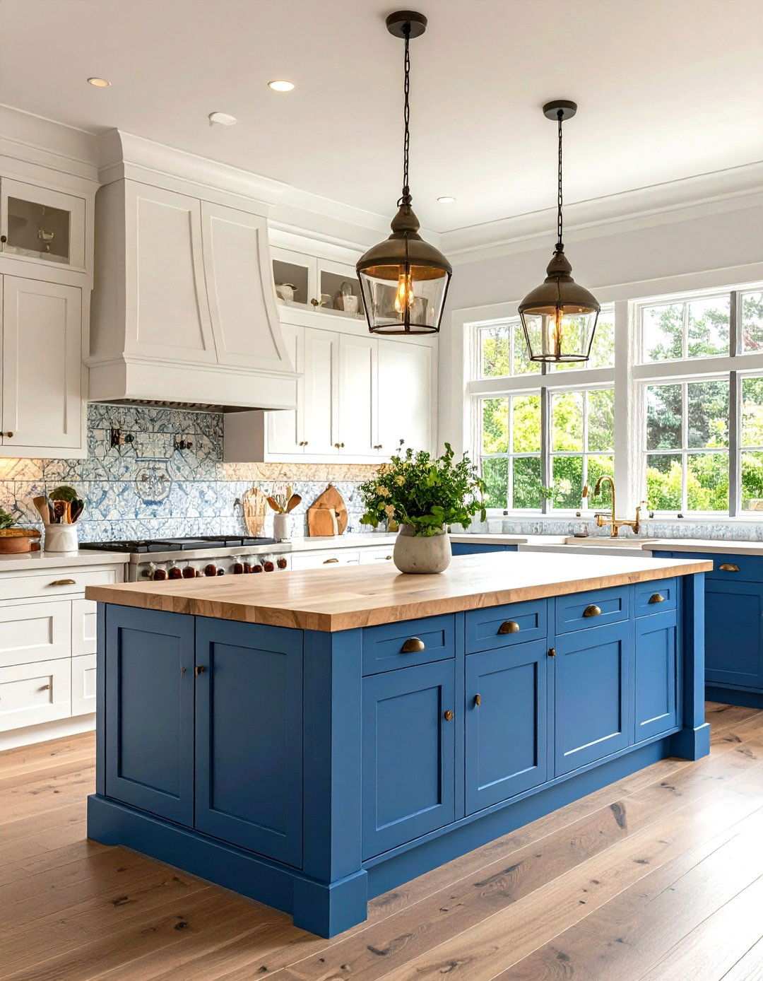 Craftsman Style Indigo Blue Island - 24 White Kitchen Cabinets With Blue Island