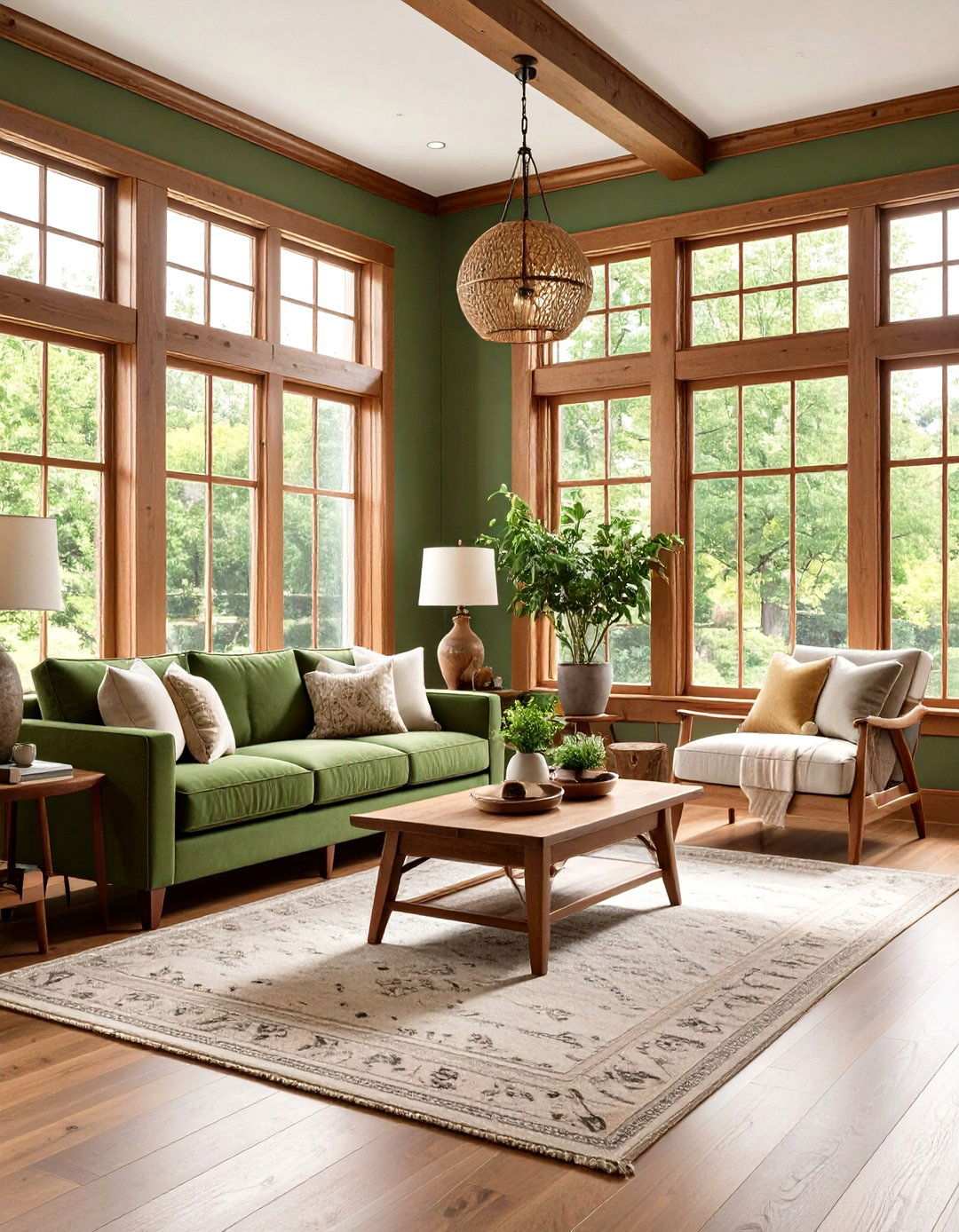Craftsman Style Living Room with Olive Green Built in Seating - 24 Olive Green Room Ideas
