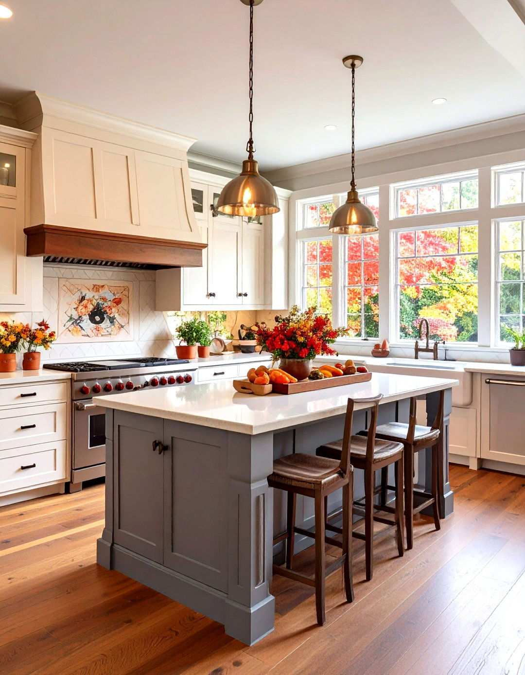 Craftsman Style White Kitchen With Pewter Grey Island - 24 White Kitchen Cabinets With Grey Island Ideas