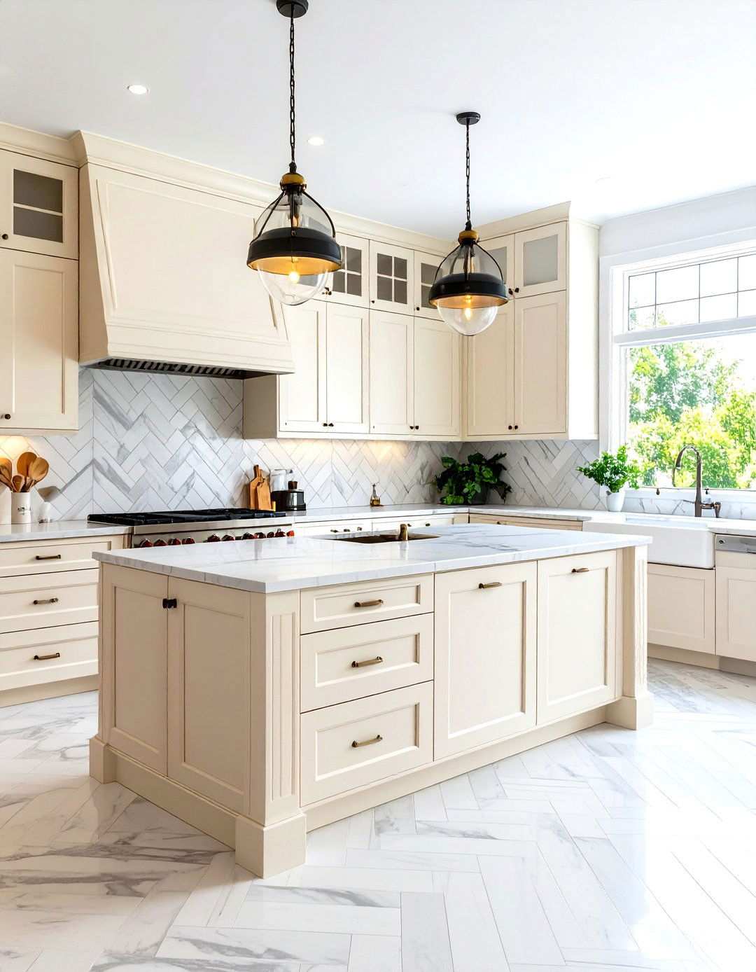 Cream Cabinets with Herringbone Tile Backsplash - 24 Off-white Kitchen Cabinets