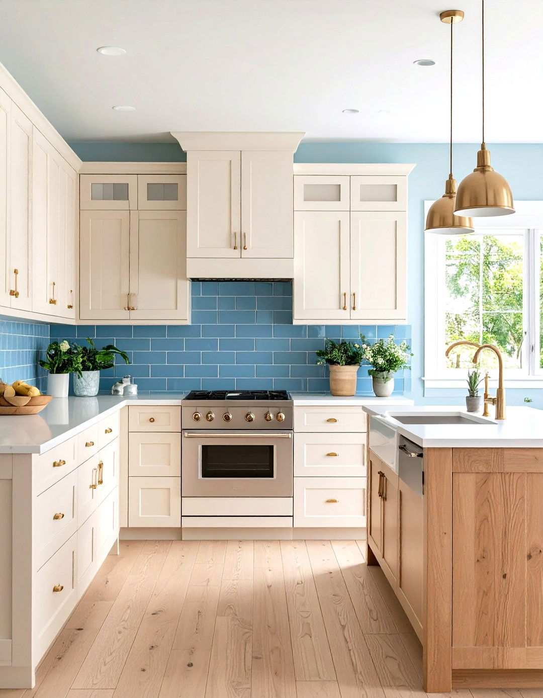 Cream Kitchen Cabinets with Blue Accent Colors - 24 Off-white Kitchen Cabinets