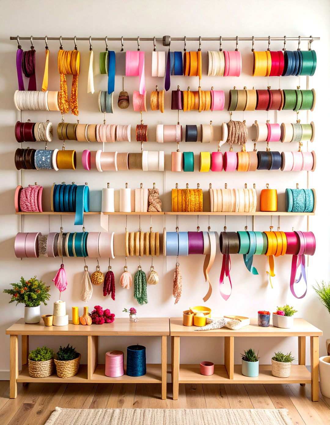 Curtain Rod Ribbon Hanging System - 24 Ribbon Storage Ideas