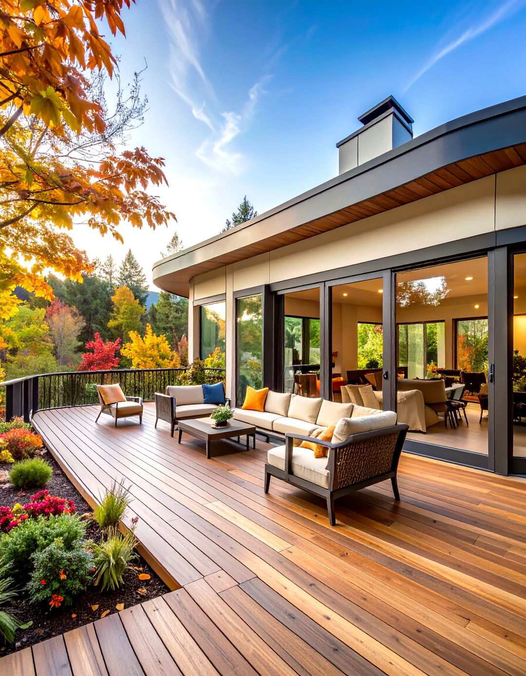Curved Eave Glass Sunroom with Curved Deck Design - 24 Sunroom and Deck Combo Ideas
