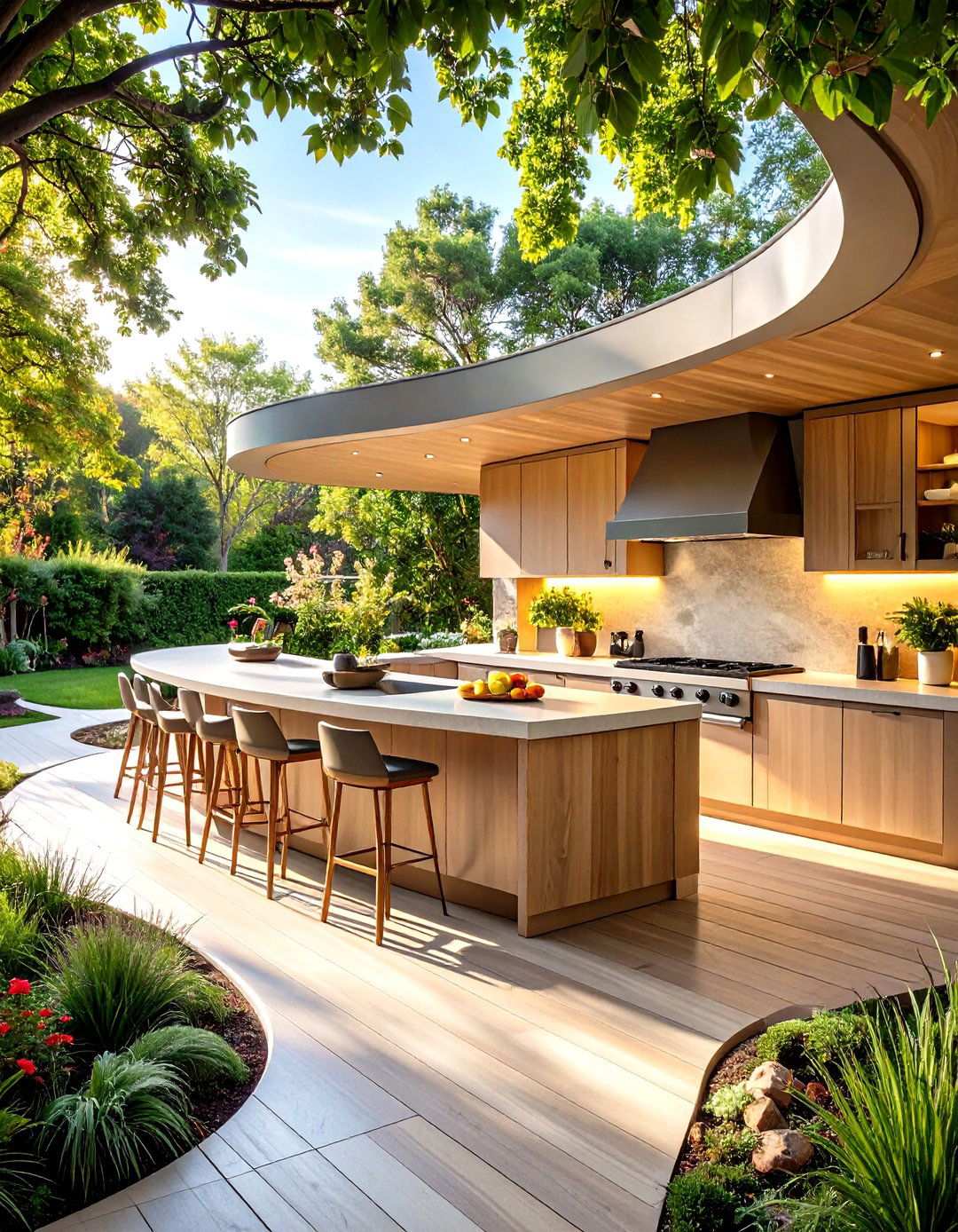 Curved Outdoor Kitchen with Flowing Design Lines - 24 Outdoor Kitchen Designs