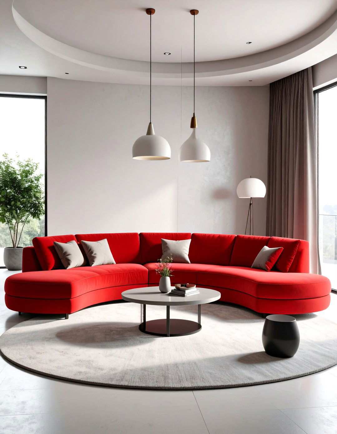 Curved Red Sectional Conversation Area - 24 Red Couch Living Room Ideas