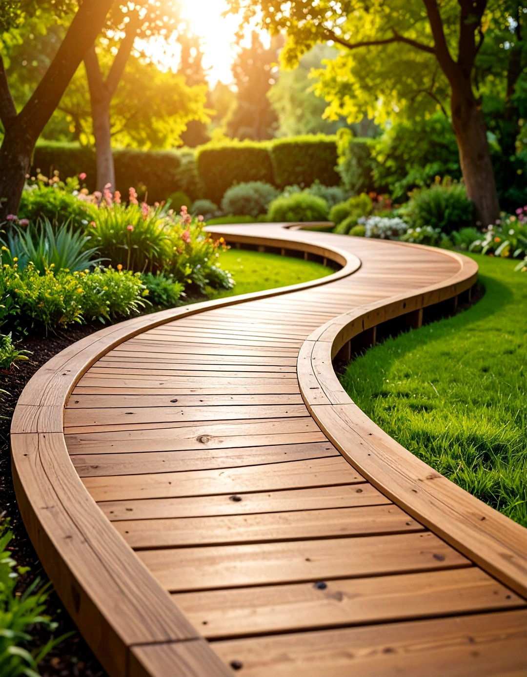 Curved Serpentine Wood Path - 24 Wooden Walkway Ideas