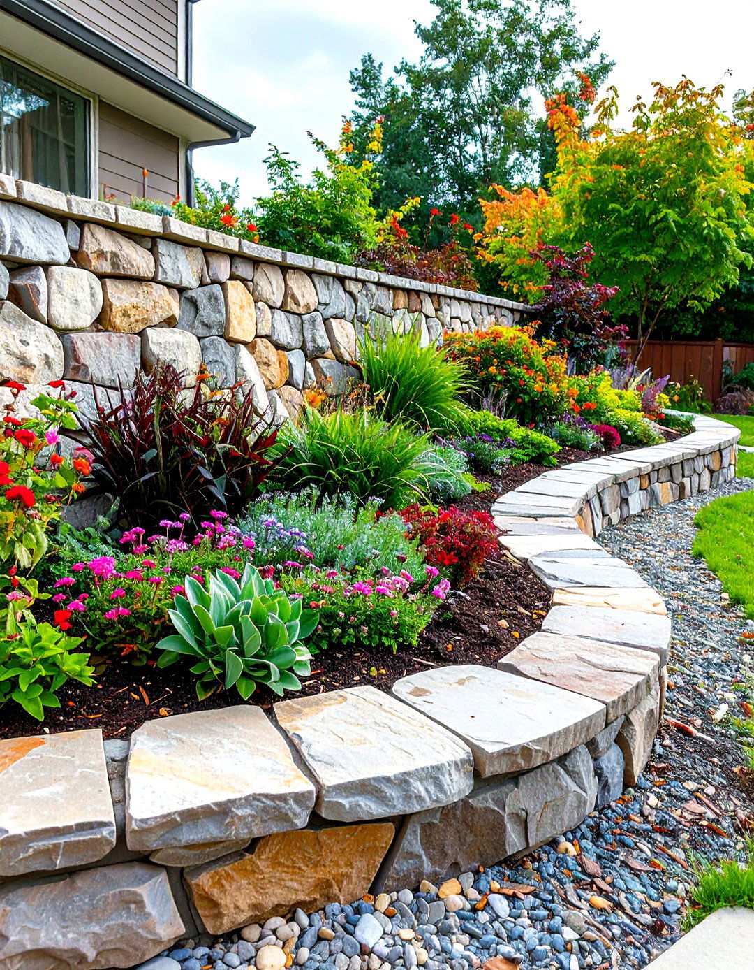 Curved Stone Retaining Wall with Garden Integration - 24 Retaining Wall Ideas for Sloped Backyard
