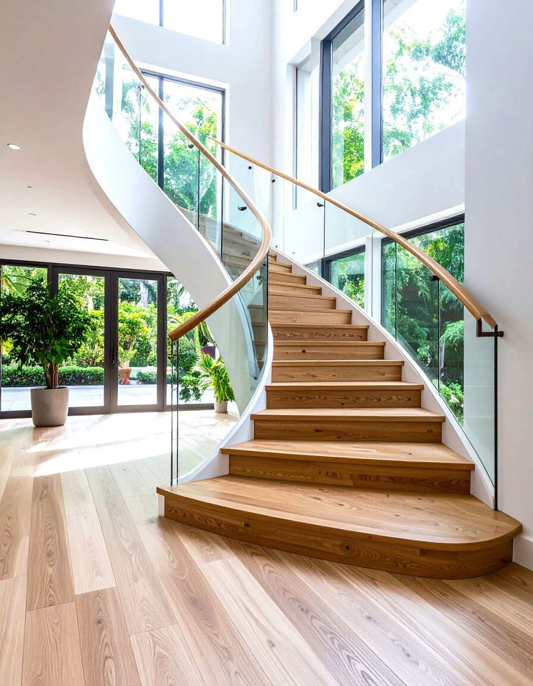 Curved White Oak Staircase with Glass Panels - 24 White Oak Staircase Ideas