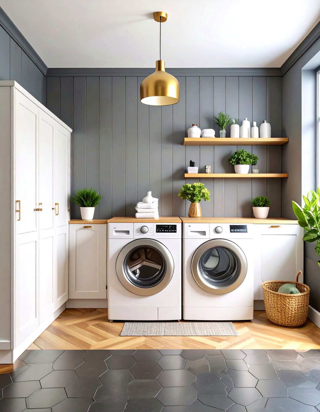 Dark Gray Shiplap Accent Wall with Brass Hardware - 24 Shiplap Laundry Room Ideas