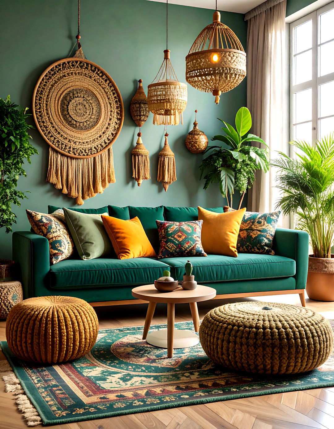 Dark Green Bohemian Living Room with Layered Textiles - 24 Moody Living Room Ideas