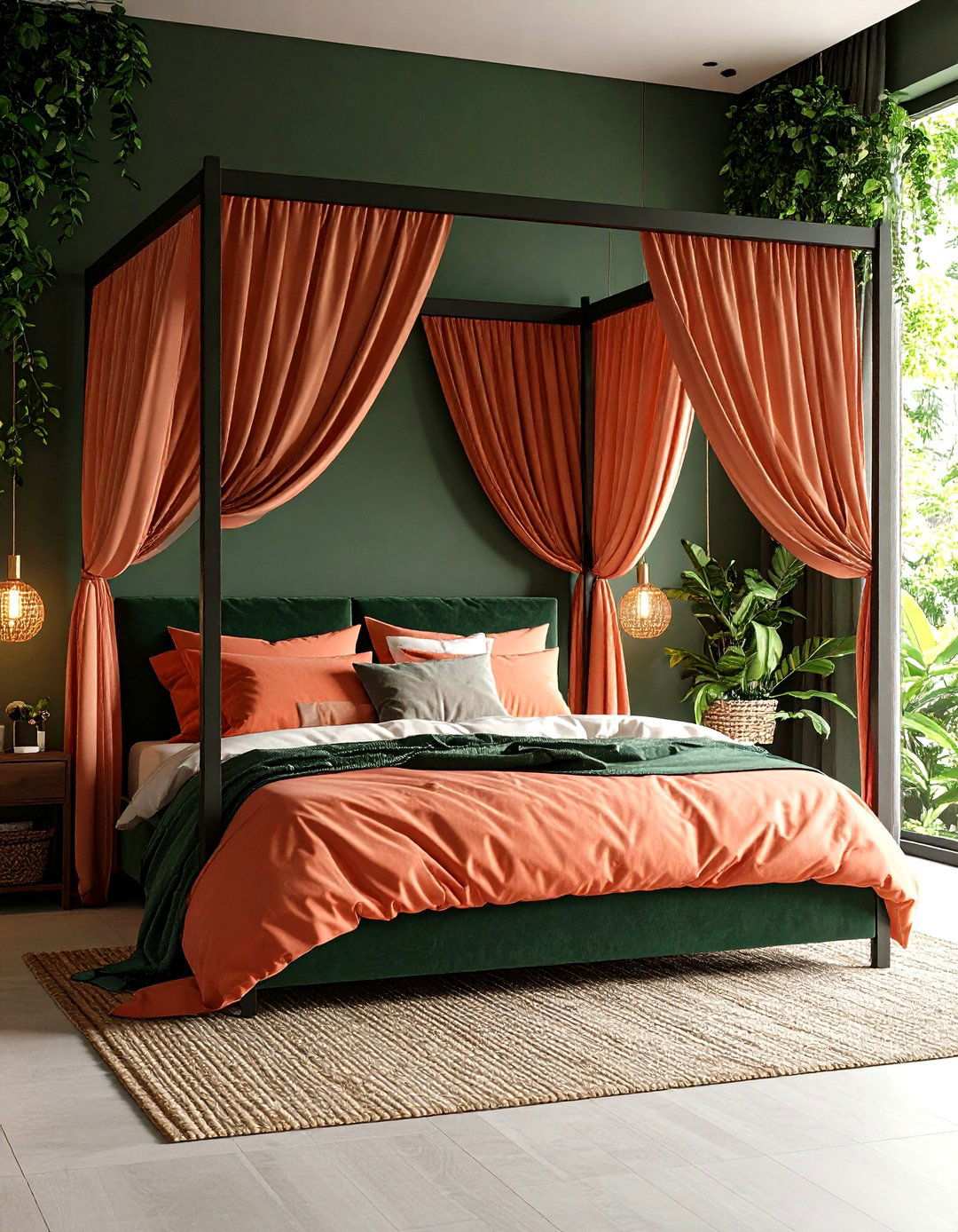 Dark Green Canopy Bed with Coral Bedding - 24 Pink and Green Bedroom Ideas