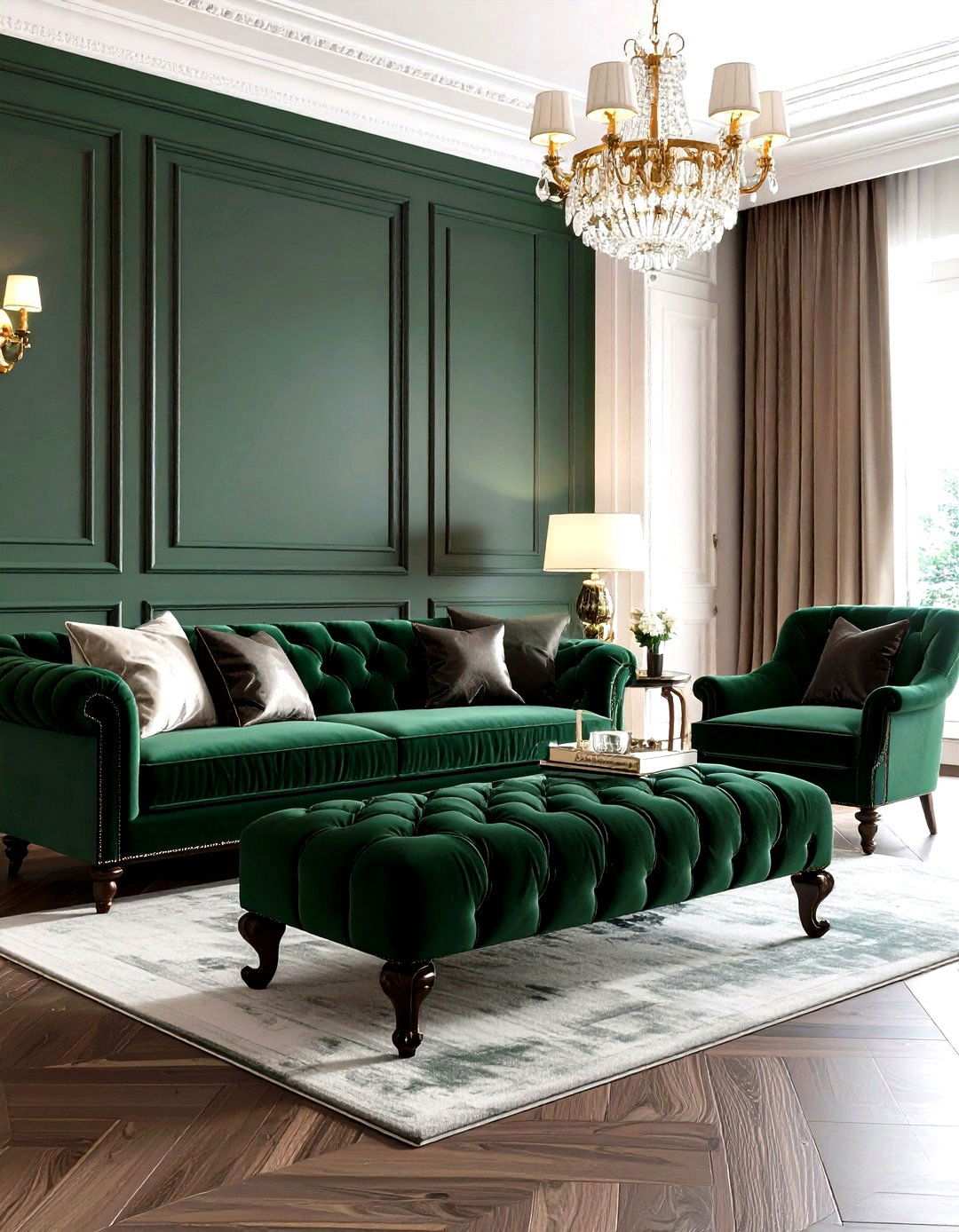 Dark Green Tufted Ottoman Arrangement - 24 Victorian Dark Green Living Room Ideas