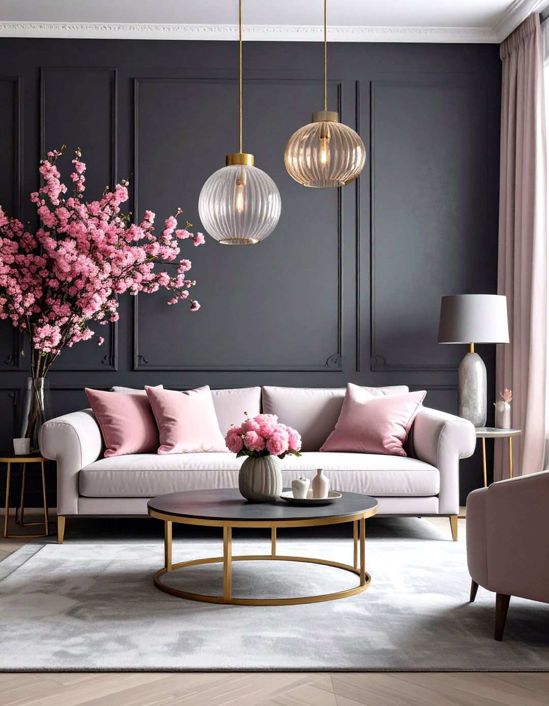 Dark Grey Walls with Millennial Pink Decor - 24 Pink and Grey Living Room Ideas