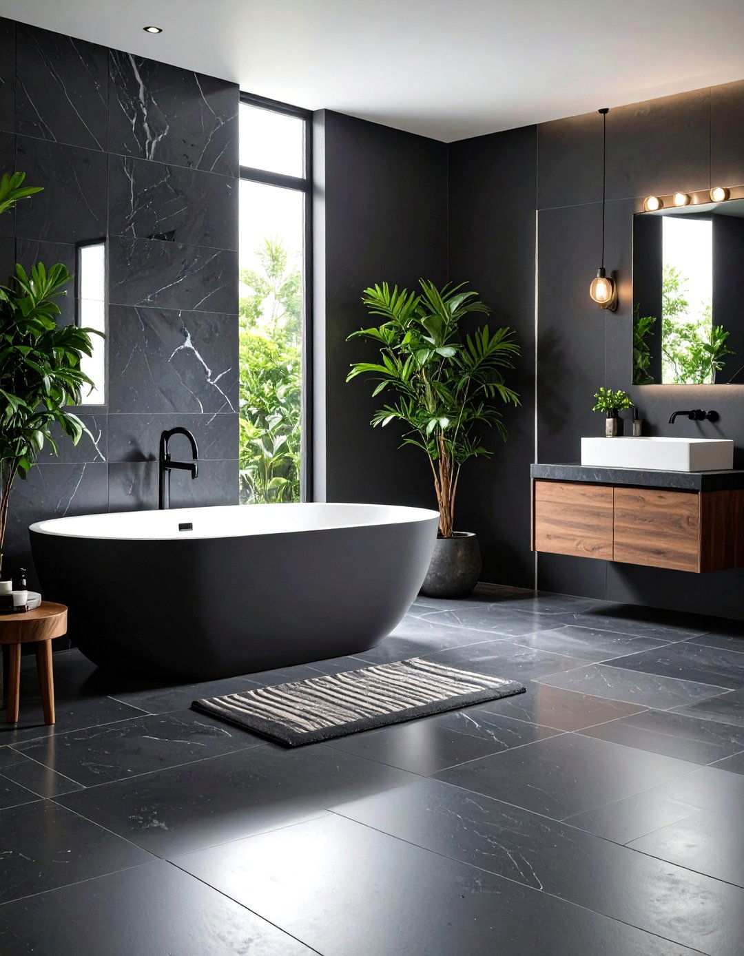 Dark Matte Finish Tiles - 24 Small Bathroom Flooring Ideas