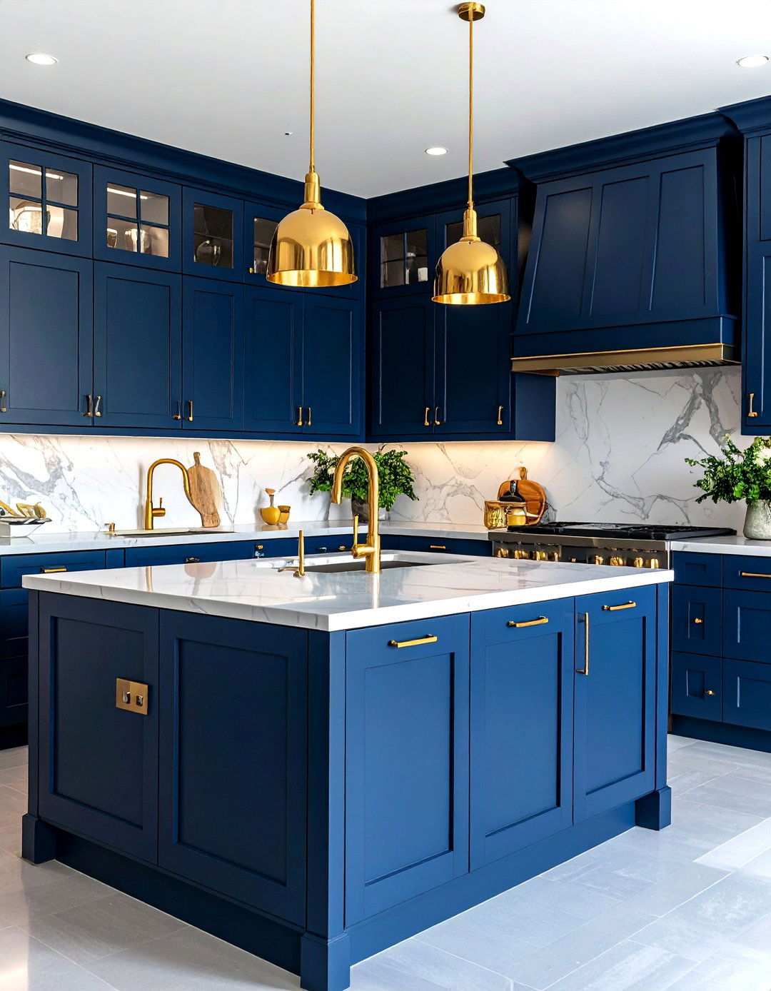 Dark Navy Blue Kitchen with Gold Accents - 24 Navy Blue Kitchen Cabinets Ideas