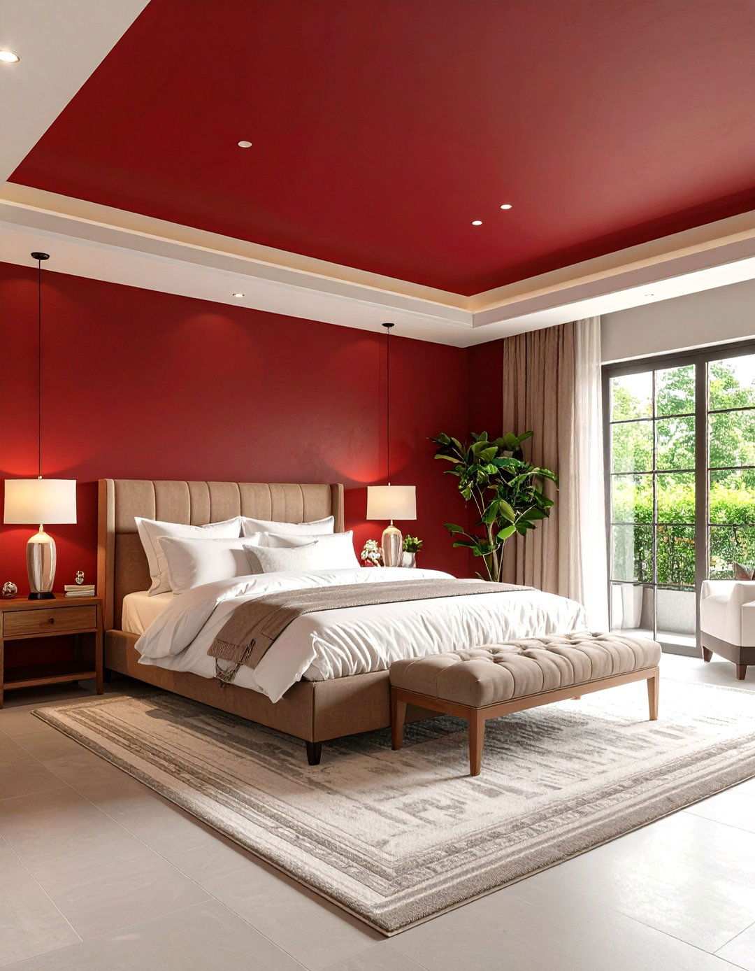 Dark Red Statement Ceiling Bedroom - 24 Red Bedroom Ideas
