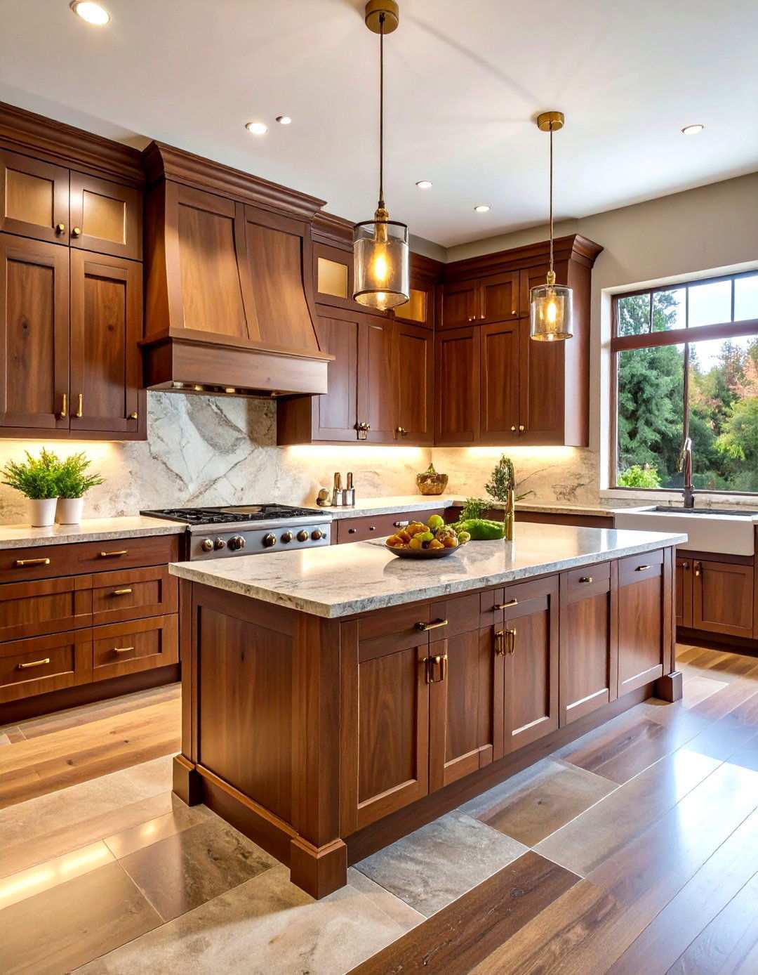 Dark Walnut Cabinets with Brass Hardware - 24 Tudor Kitchen Ideas