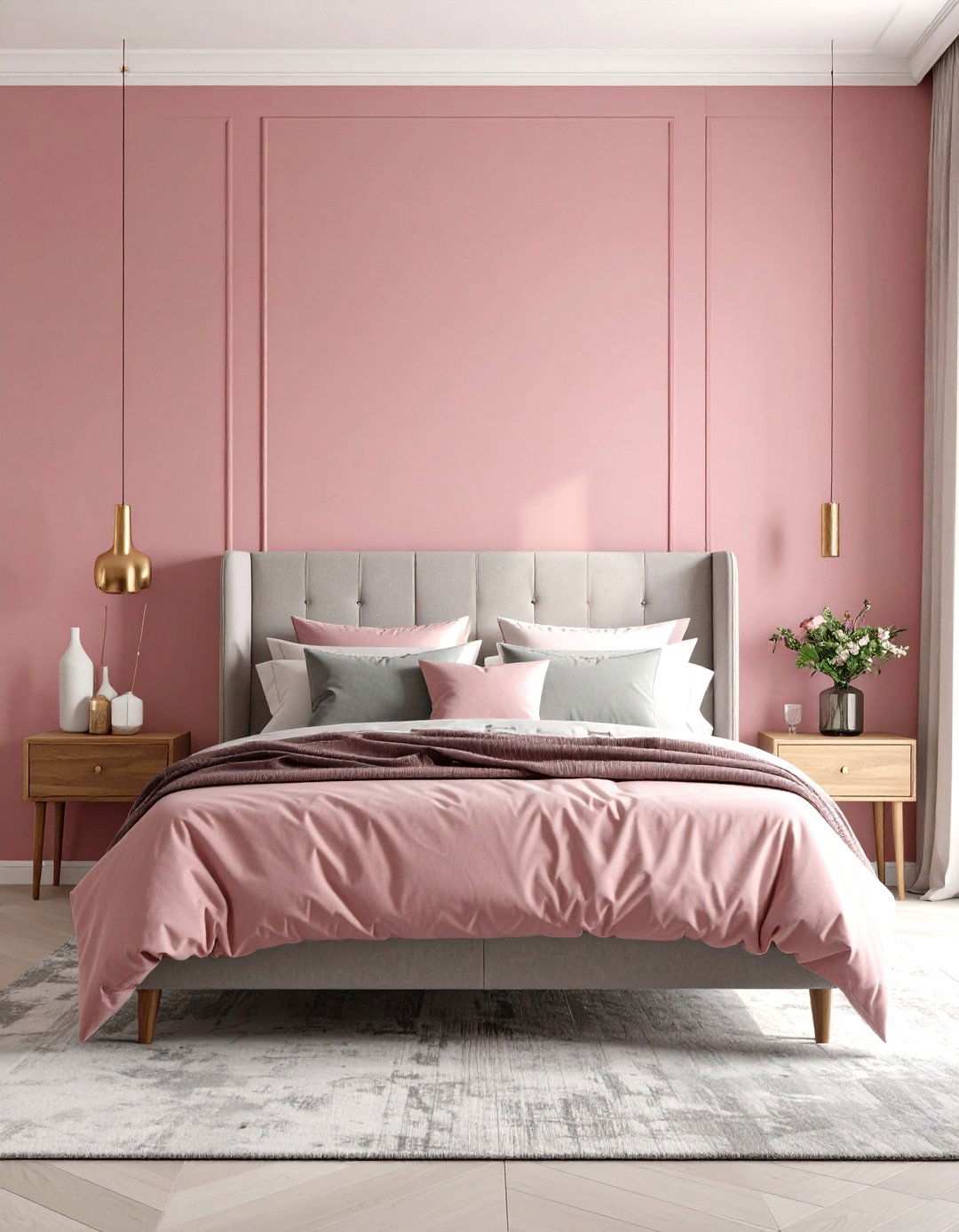 Deep Pink Feature Wall Behind Headboard - 24 Pink and Grey Bedroom Ideas