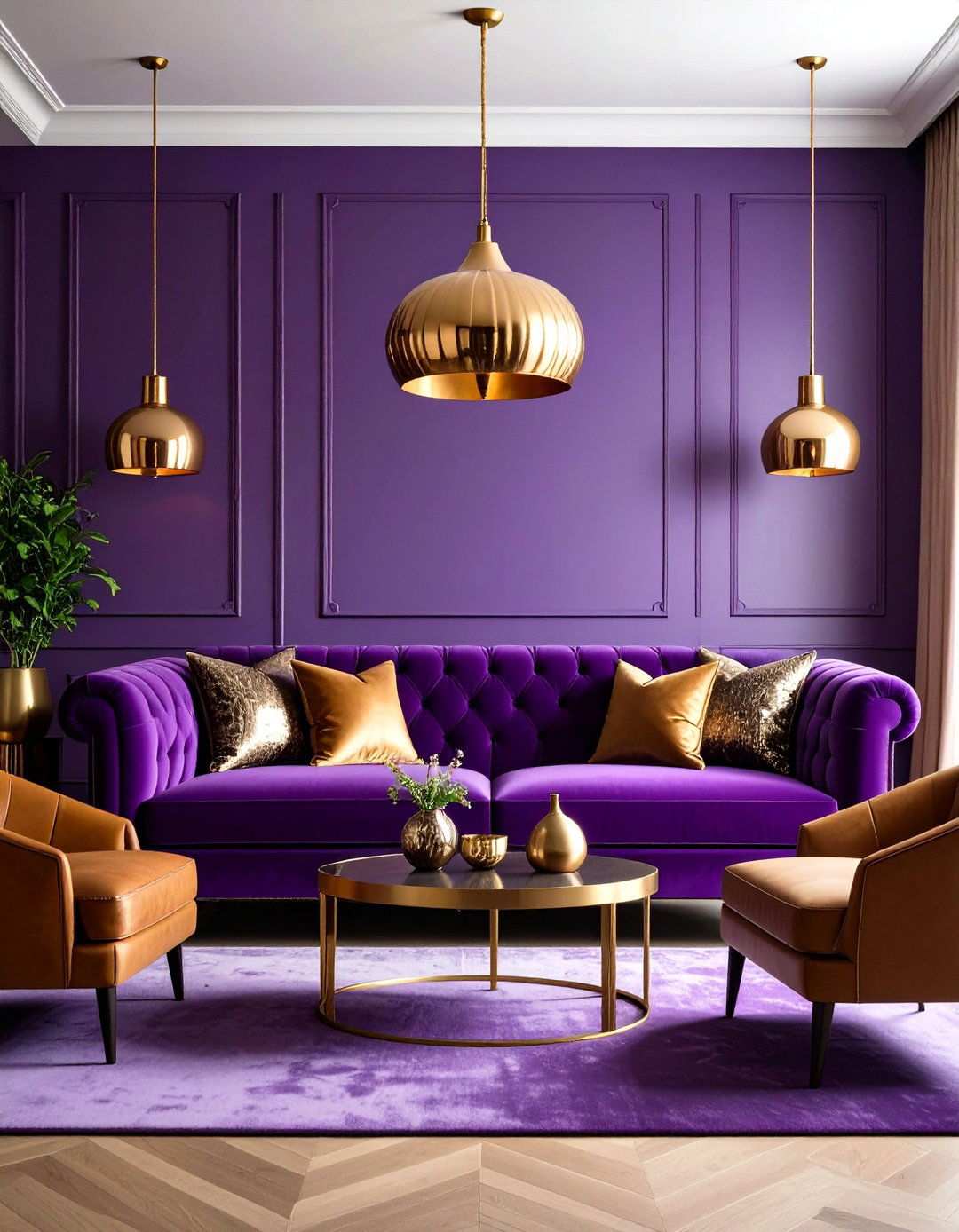 Deep Purple Living Room with Brass and Copper Elements - 24 Moody Living Room Ideas