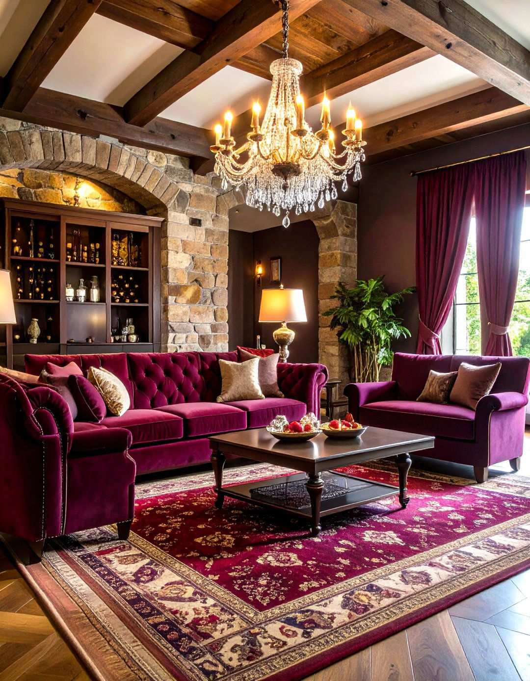 Deep Wine Red Living Room with Velvet Upholstery - 24 Moody Living Room Ideas