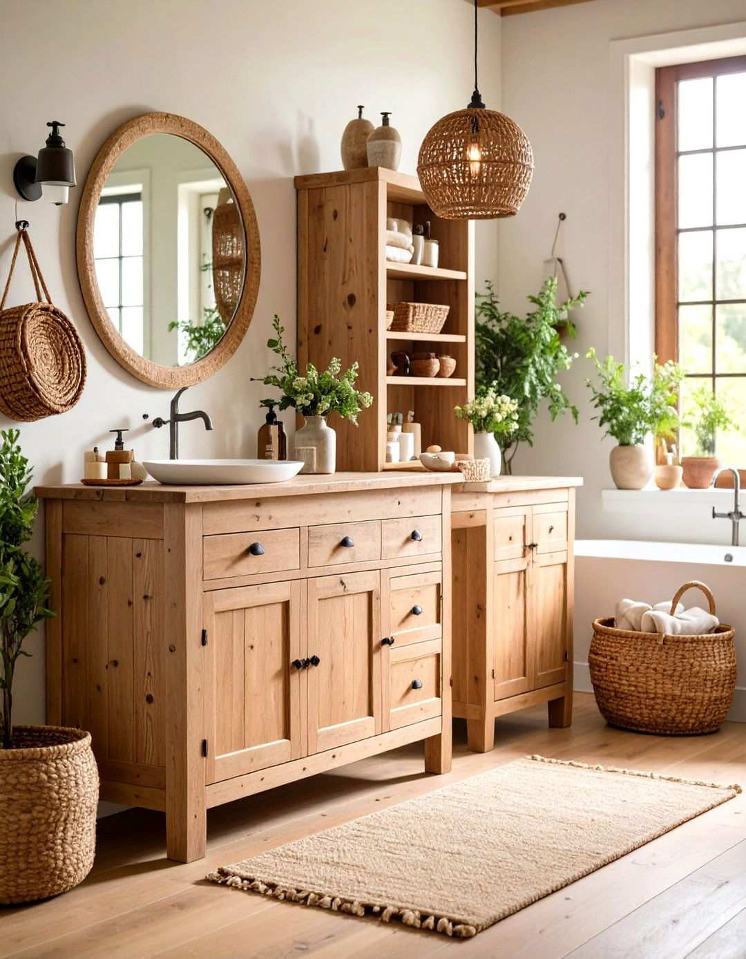 Distressed Pine Vanity with Open Shelving - 24 Wood Bathroom Vanity Ideas