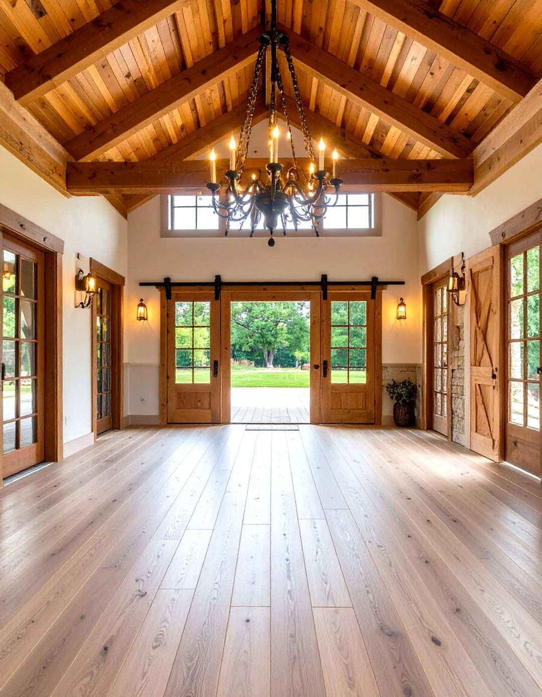 Double Height Entry Foyer with Statement Lighting - 24 Rustic Barndominium Interior Design Ideas