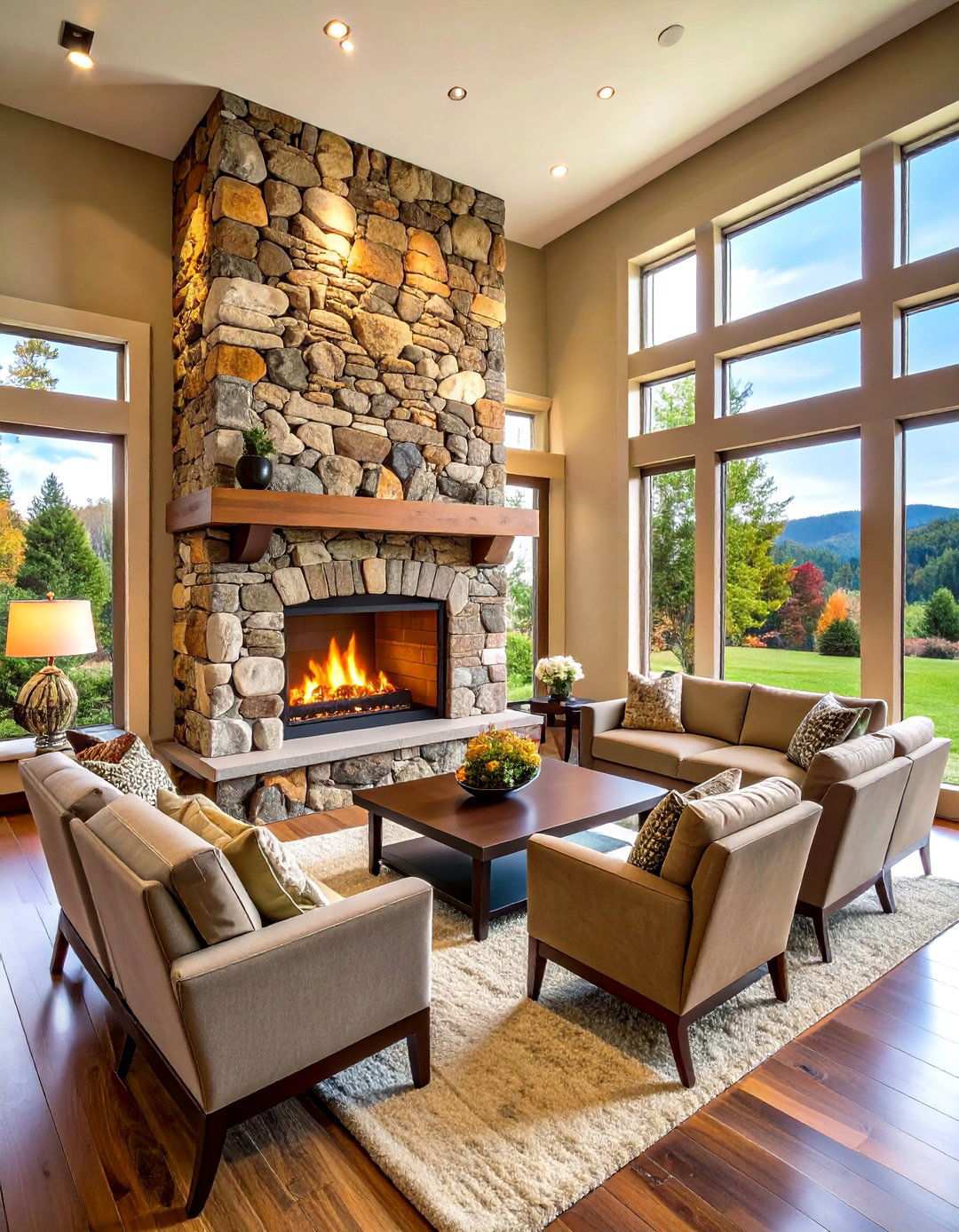 Double Sided River Rock Statement Wall - 24 River Rock Fireplace Ideas