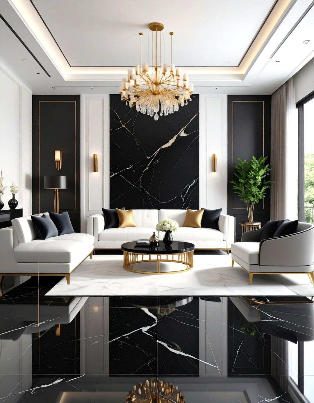 Dramatic Black Marble Statement Floors - 24 Marble Floor Living Room Ideas