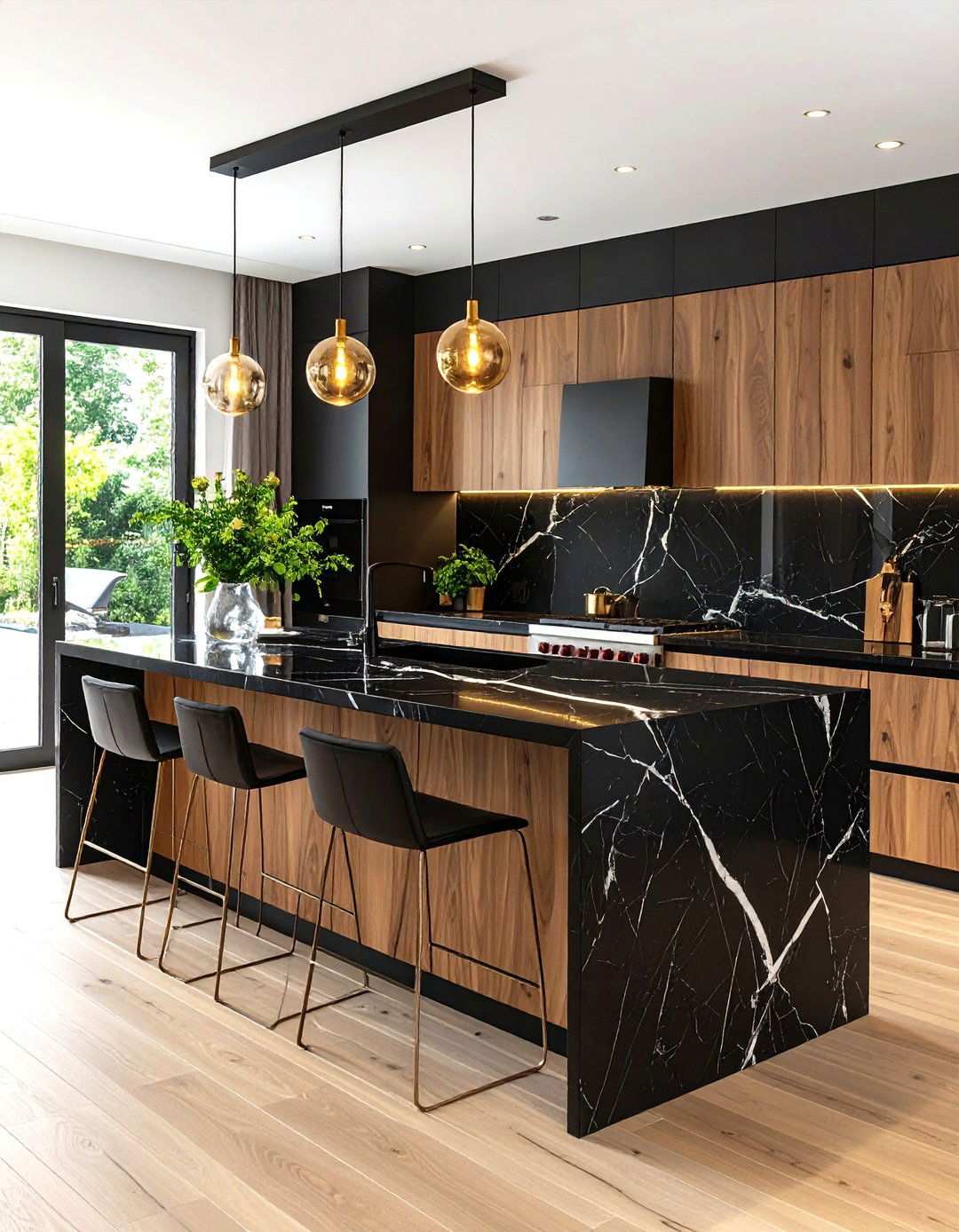 Dramatic Black Marble Veining - 24 what color countertops go with oak cabinets