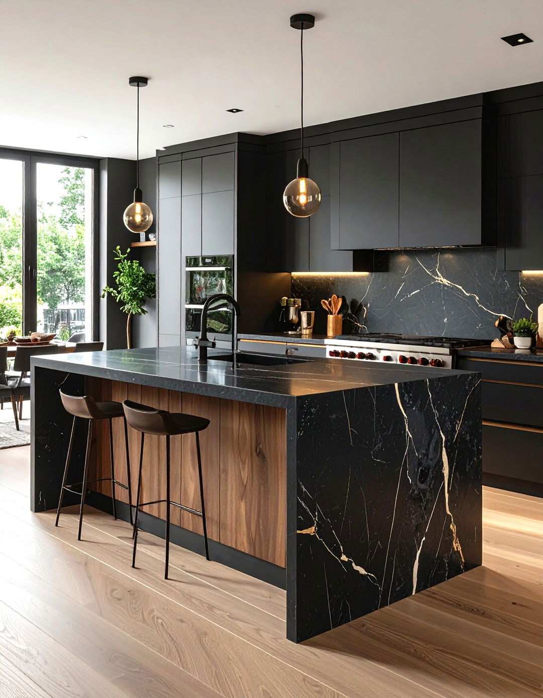 Dramatic Dark Soapstone Waterfall Island - 24 Waterfall Kitchen Island Ideas