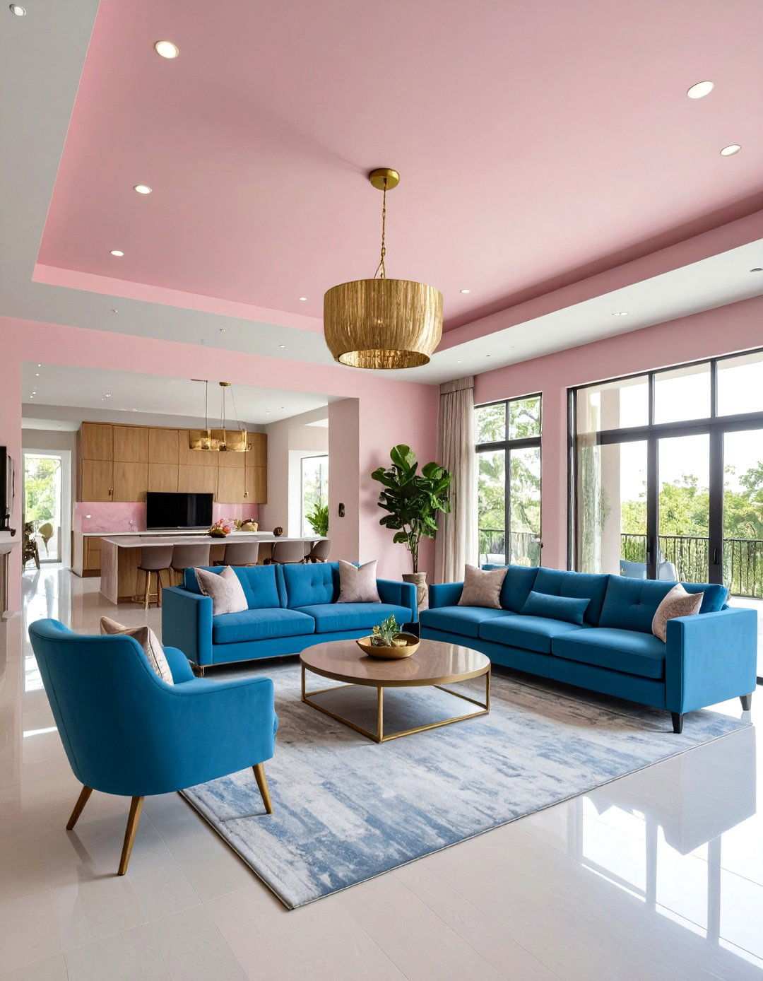 Dusty Pink Ceiling Treatment with Steel Blue Accent Furniture - 24 Pink and Blue Living Room Ideas