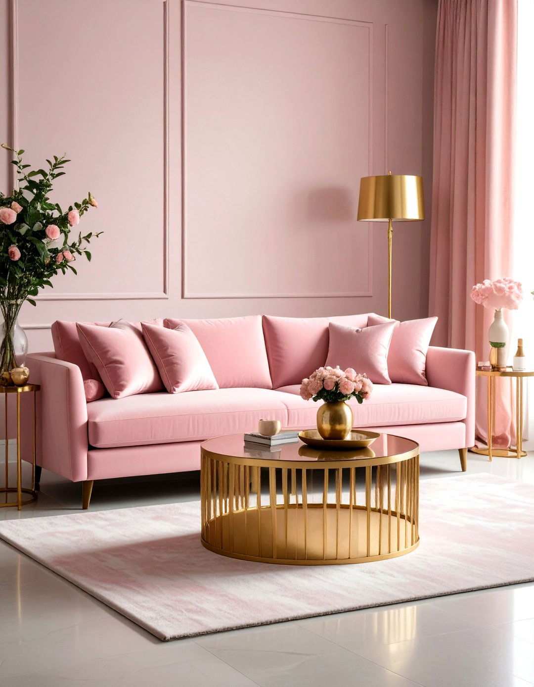 Dusty Pink Sofa with Gold Metallic Glamour - 24 Pink Couch Living Room Ideas