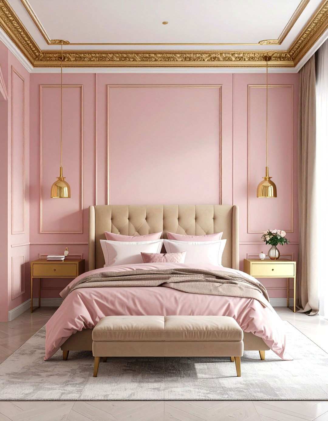 Dusty Pink Walls with Gold Crown Molding - 24 Pink and Gold Bedroom Ideas
